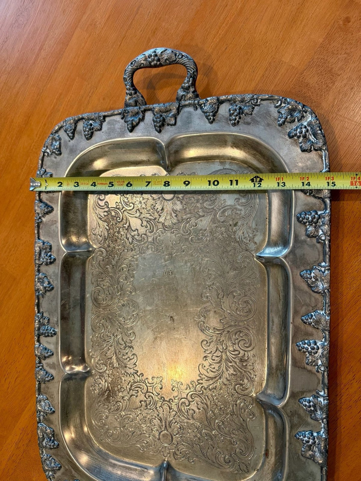 Large Vintage Silverplate Footed Serving Tray Grape & Leaf Border 24