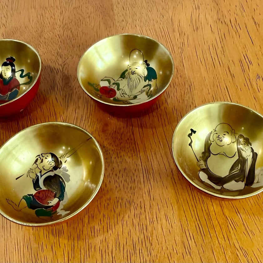 Vintage Japanese Seven Lucky Gods Lacquerware Sake Cup Set of 5
