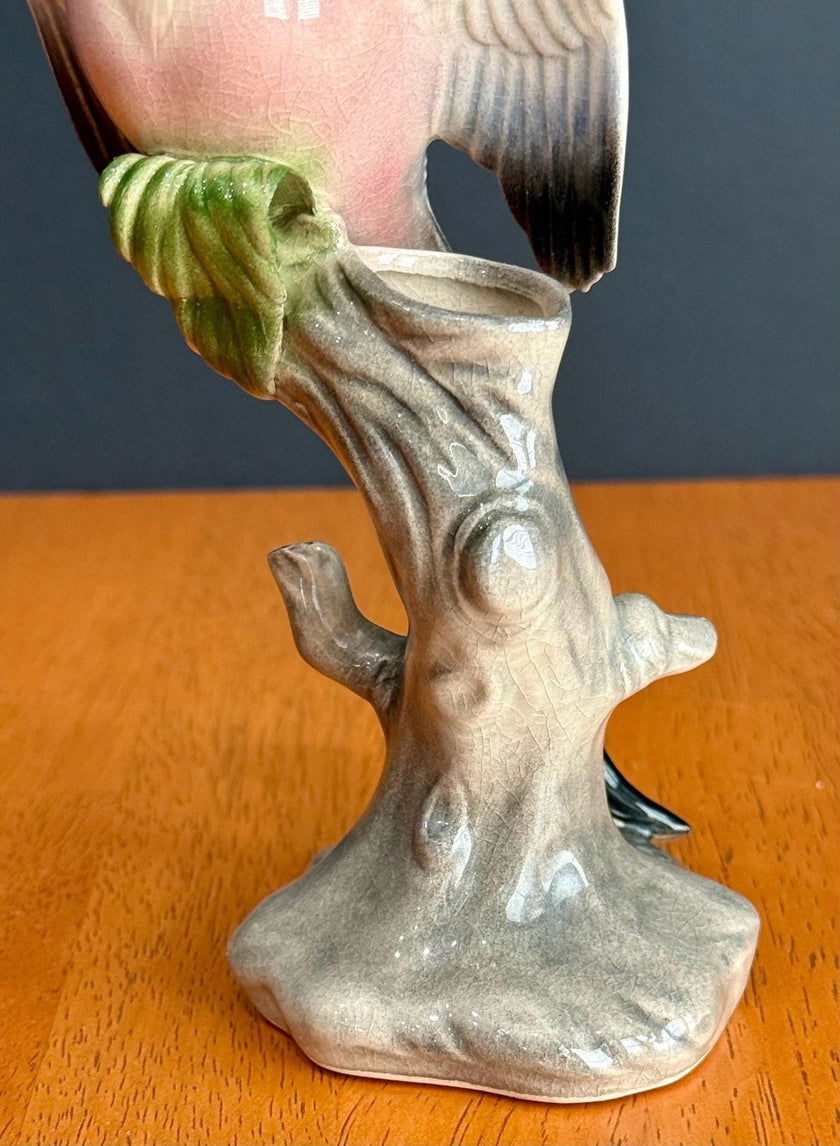 Vintage Ceramic Budgerigar Bird on Tree Stump Figurine Bud Vase