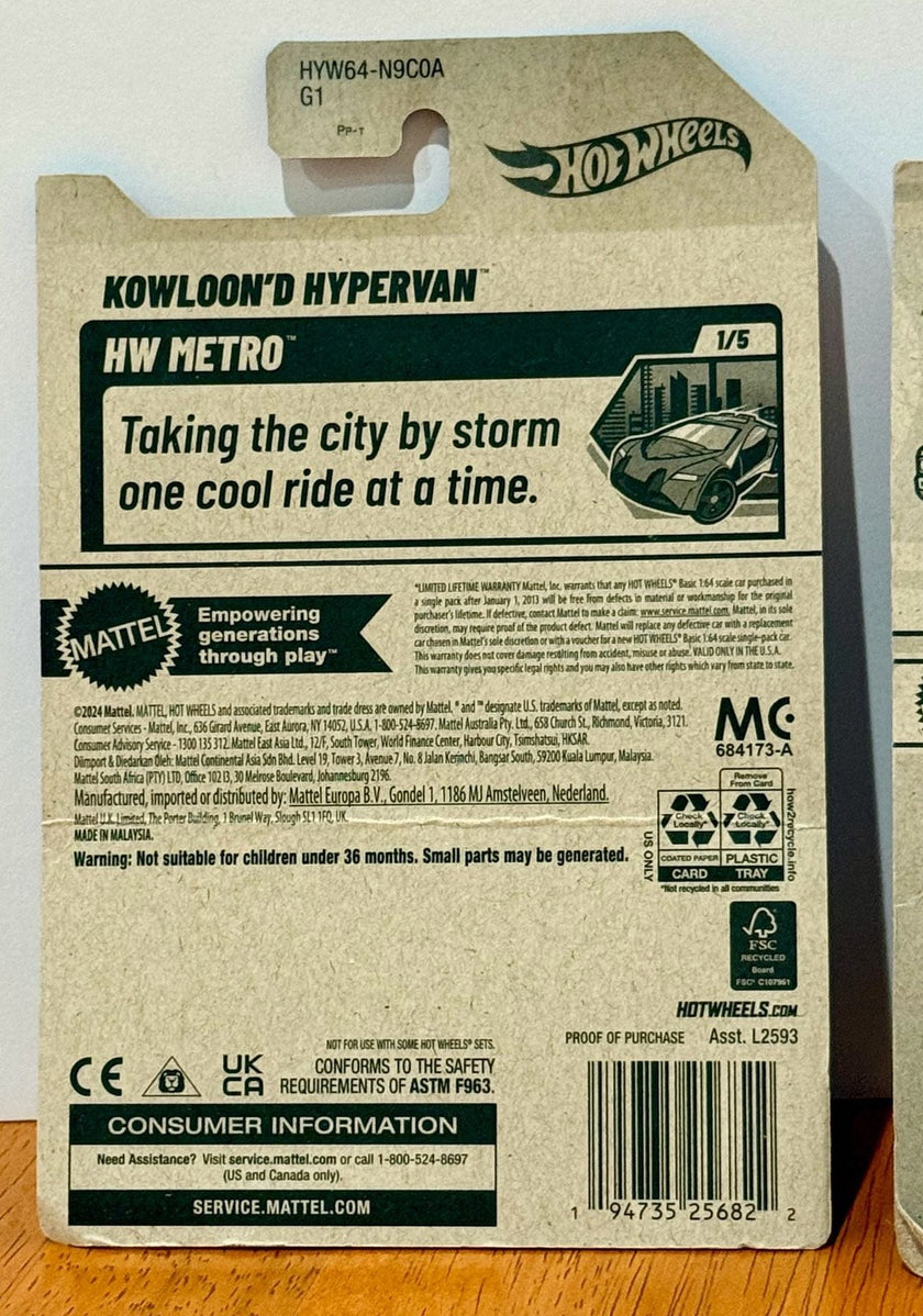 Set of 2 Hot Wheels Kowloon'd Hypervan HW Metro 6/250 and VW T3 Custom HW Vans