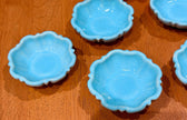 Set of 7 Vintage Turquoise Blue Glazed Ceramic Scalloped Salt Cellar Dip Bowls