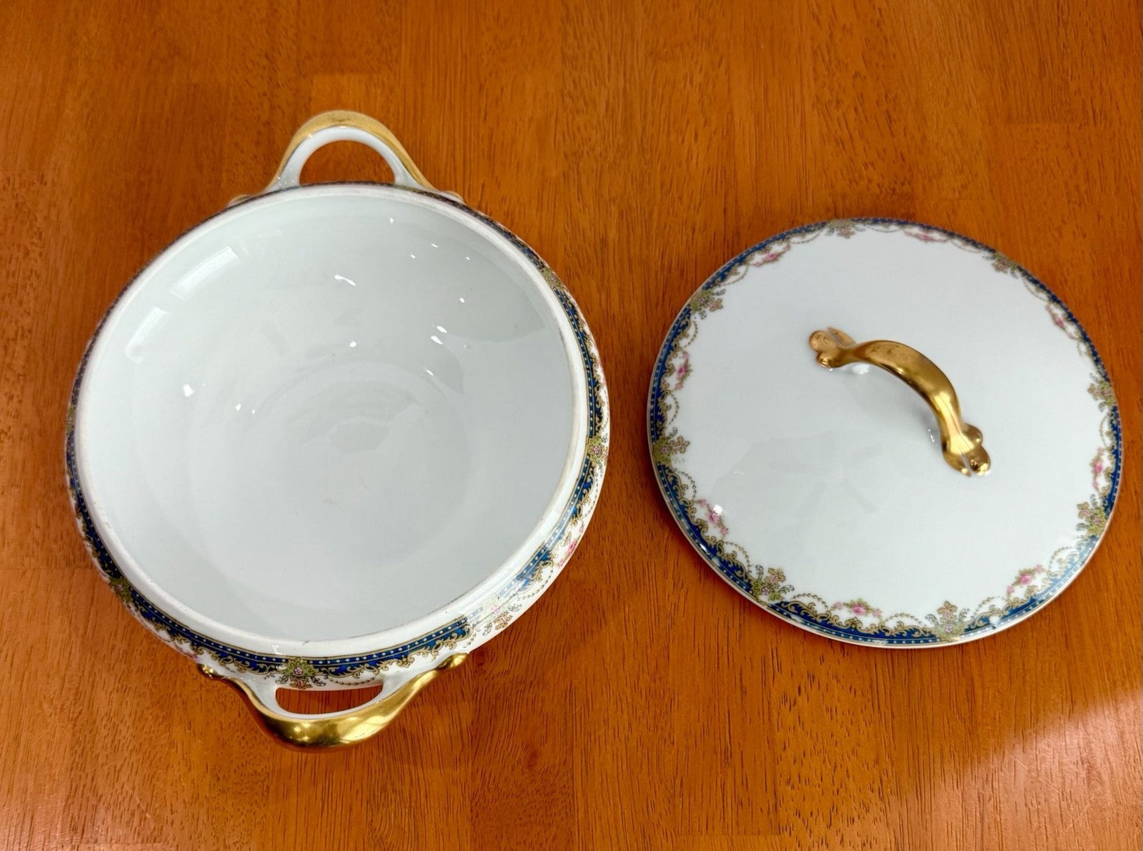Vintage Limoges France Porcelain Covered Vegetable Serving Dish with Gold Trim
