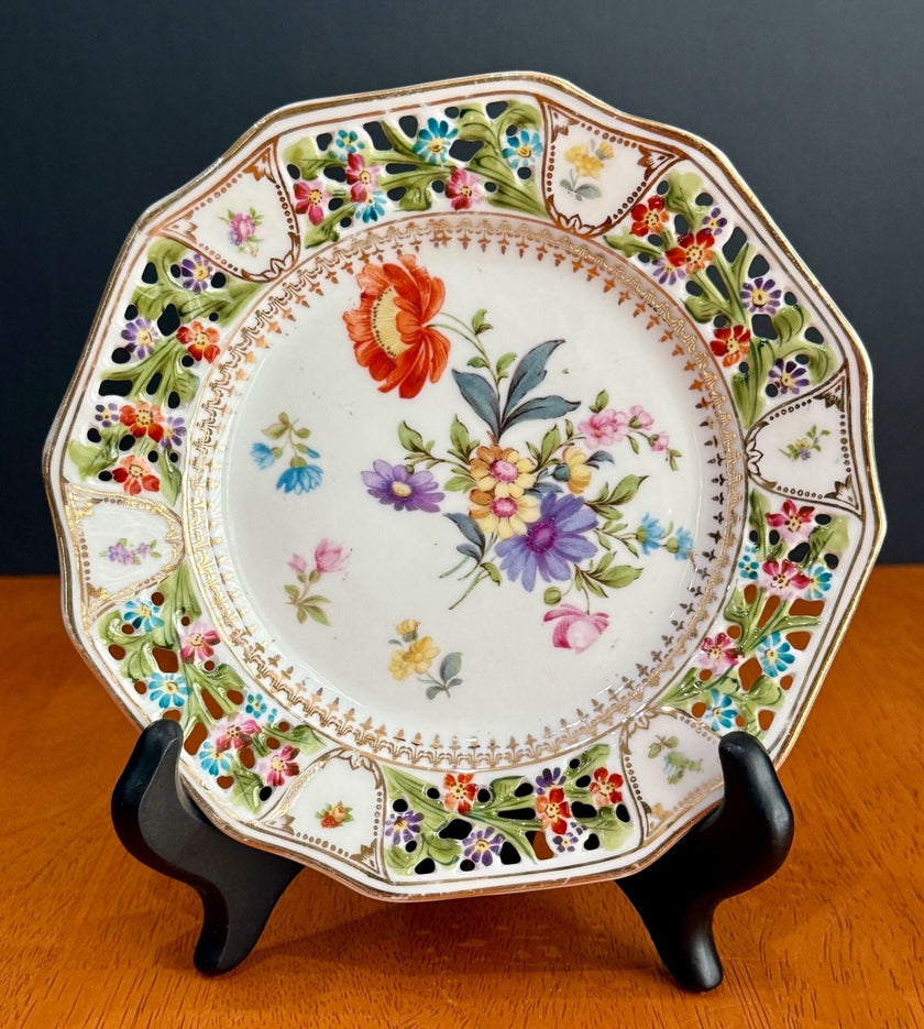 RW Bavaria Porcelain Reticulated Plate Hand-Painted Dresden Floral Design