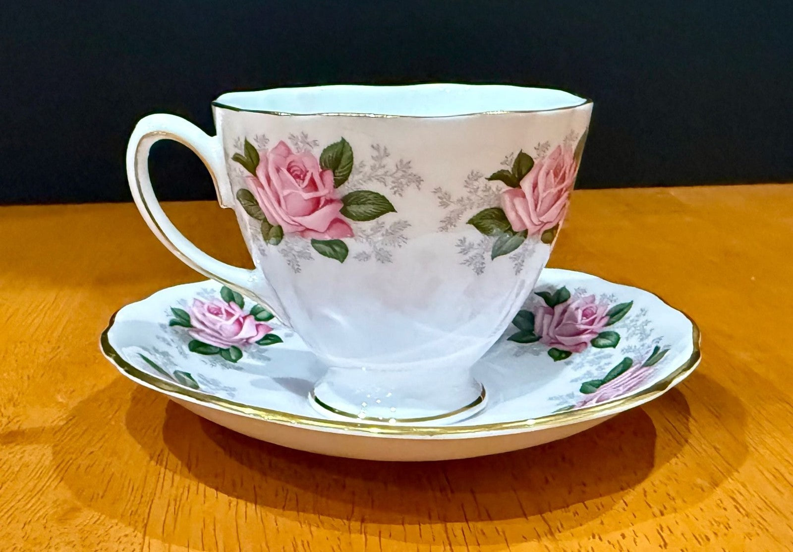 Vintage Colclough English Bone China Teacup & Saucer Pink Rose Floral Gold Trim