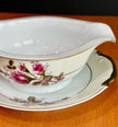 Vintage Made in Japan Moss Rose Gravy Boat with Attached Underplate Red White