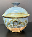 Vintage Earthenware Handmade Stoneware Pottery Lidded Crock Artisan Blue Brown