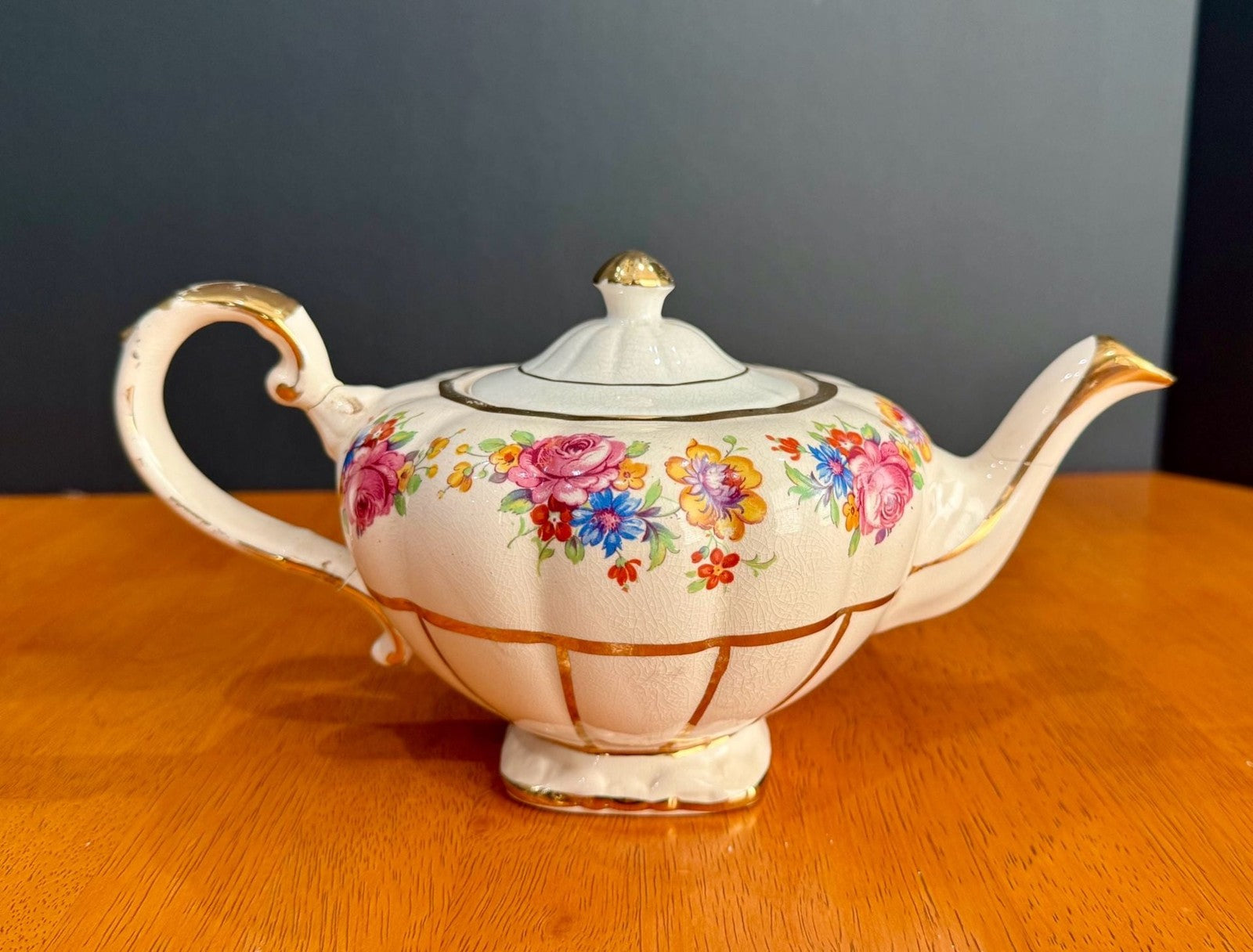 Vintage Arthur Wood Floral Design Teapot with Gold Trim #4549 Repaired