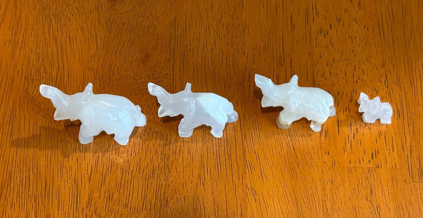 Set of 4 Vintage Hand Carved White Onyx Stone Elephant Figurines Raised Trunk