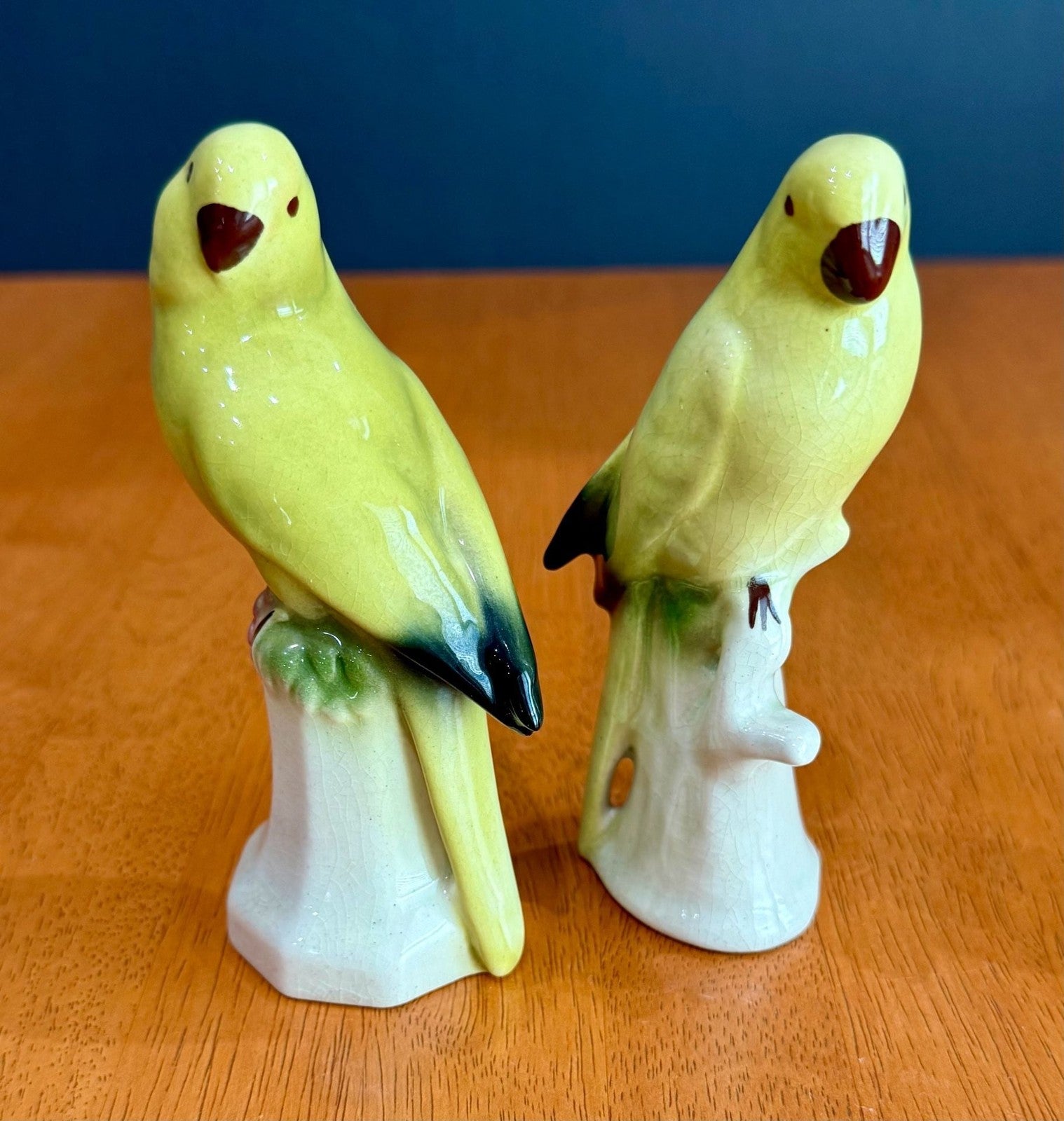 Vintage Set of 2 Yellow Parakeet Birds on Perches Ceramic Figurines