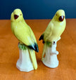 Vintage Set of 2 Yellow Parakeet Birds on Perches Ceramic Figurines