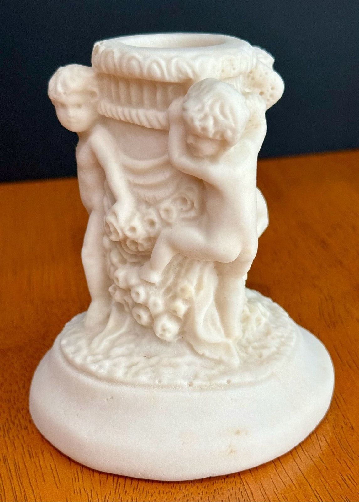 Antique 1900s Salt Dough Figural Cherub White Candlestick Holder