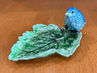 Vintage Freeman-Leidy Laguna Beach CA Majolica Green Leaf Trinket Dish Blue Bird