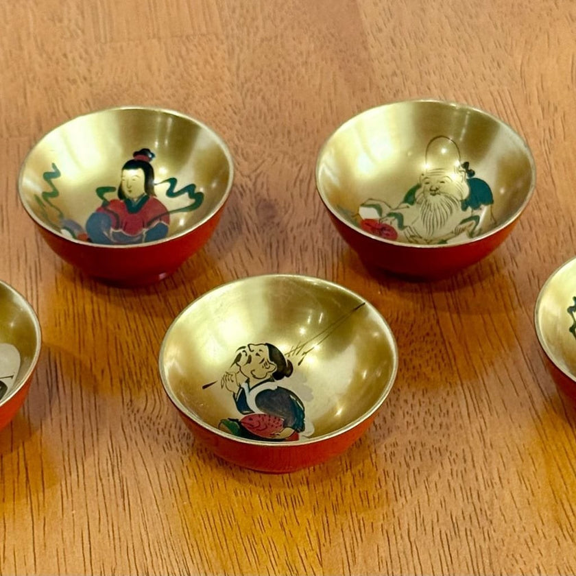 Vintage Japanese Seven Lucky Gods Lacquerware Sake Cup Set of 5