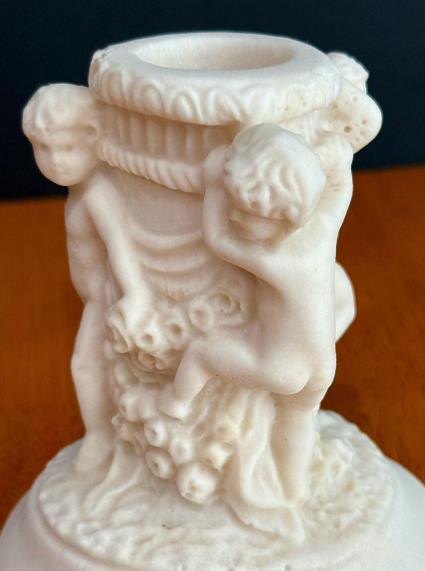 Antique 1900s Salt Dough Figural Cherub White Candlestick Holder