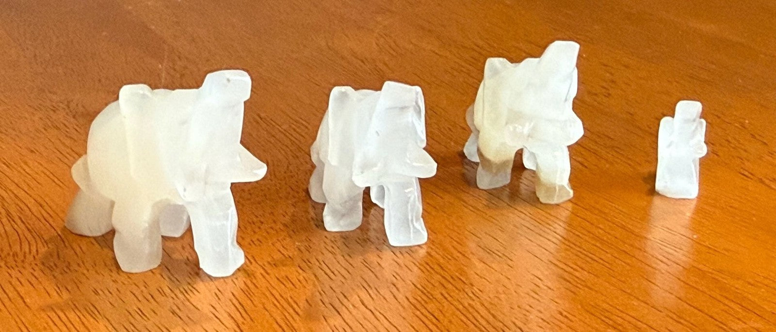 Set of 4 Vintage Hand Carved White Onyx Stone Elephant Figurines Raised Trunk