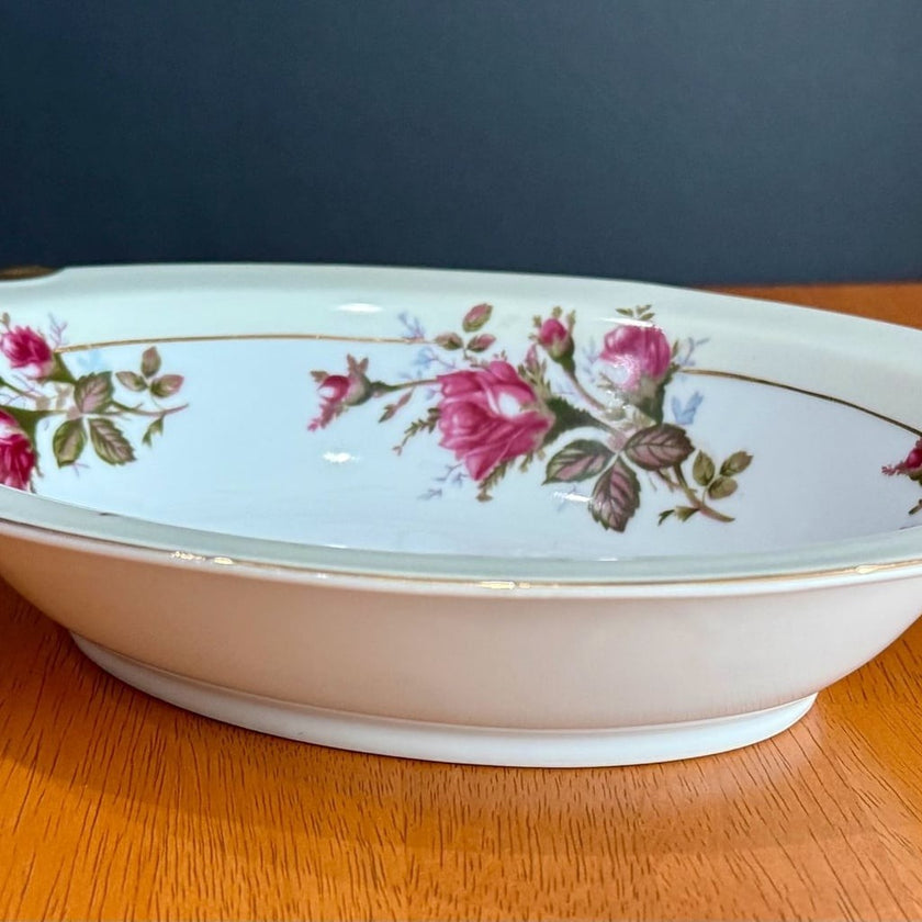 Vintage Moss Rose Fine China Oval Serving Veggie Bowl Made in Japan