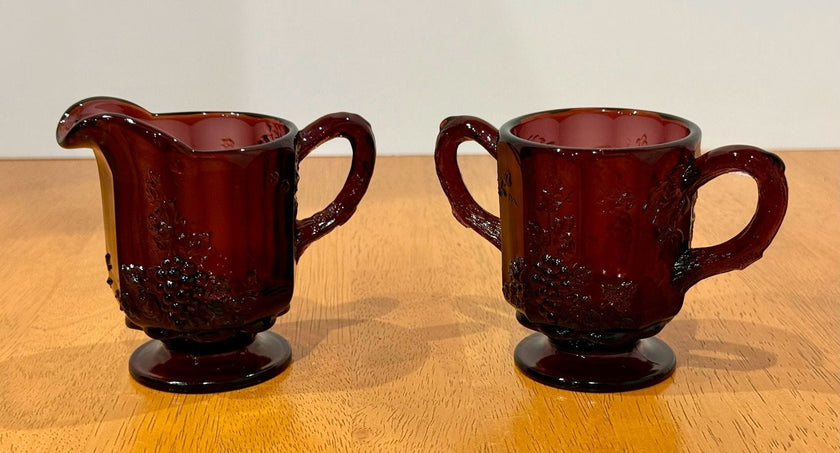 Vintage Westmoreland Amethyst Glass Purple Creamer & Sugar Set Grape & Vine
