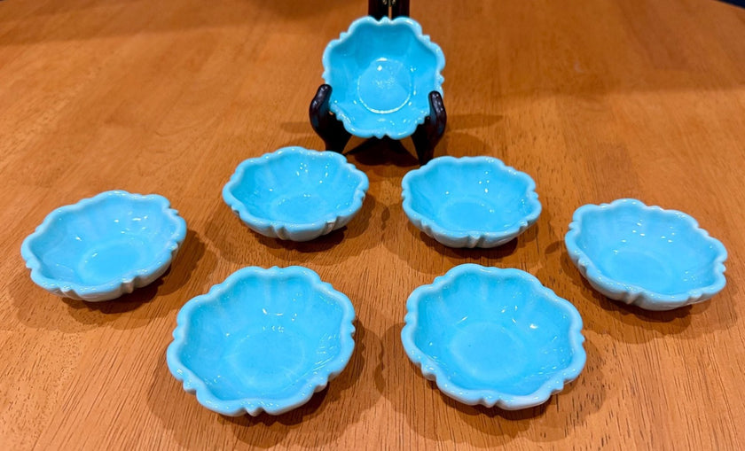 Set of 7 Vintage Turquoise Blue Glazed Ceramic Scalloped Salt Cellar Dip Bowls