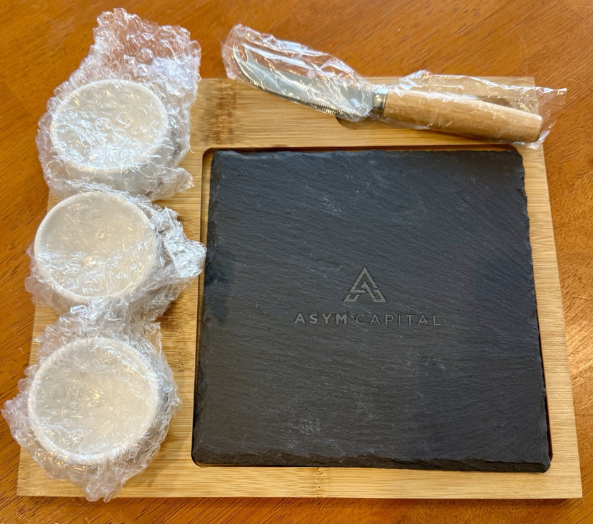 Cheese & Dip Serving Set Bamboo Board 3 Ramekins Slate Square Cheese/Meat Knife