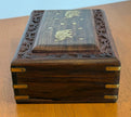 Vintage Hand Carved Wooden Jewelry Box with Brass Elephant Inlay 8x5