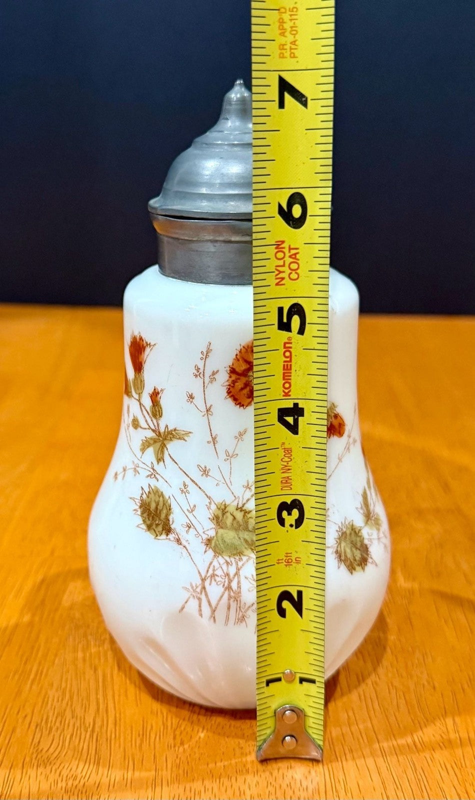 Vintage Milk Glass Floral Pattern Syrup Pitcher Hinged Metal Lid