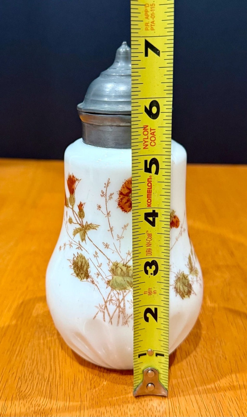 Vintage Milk Glass Floral Pattern Syrup Pitcher Hinged Metal Lid