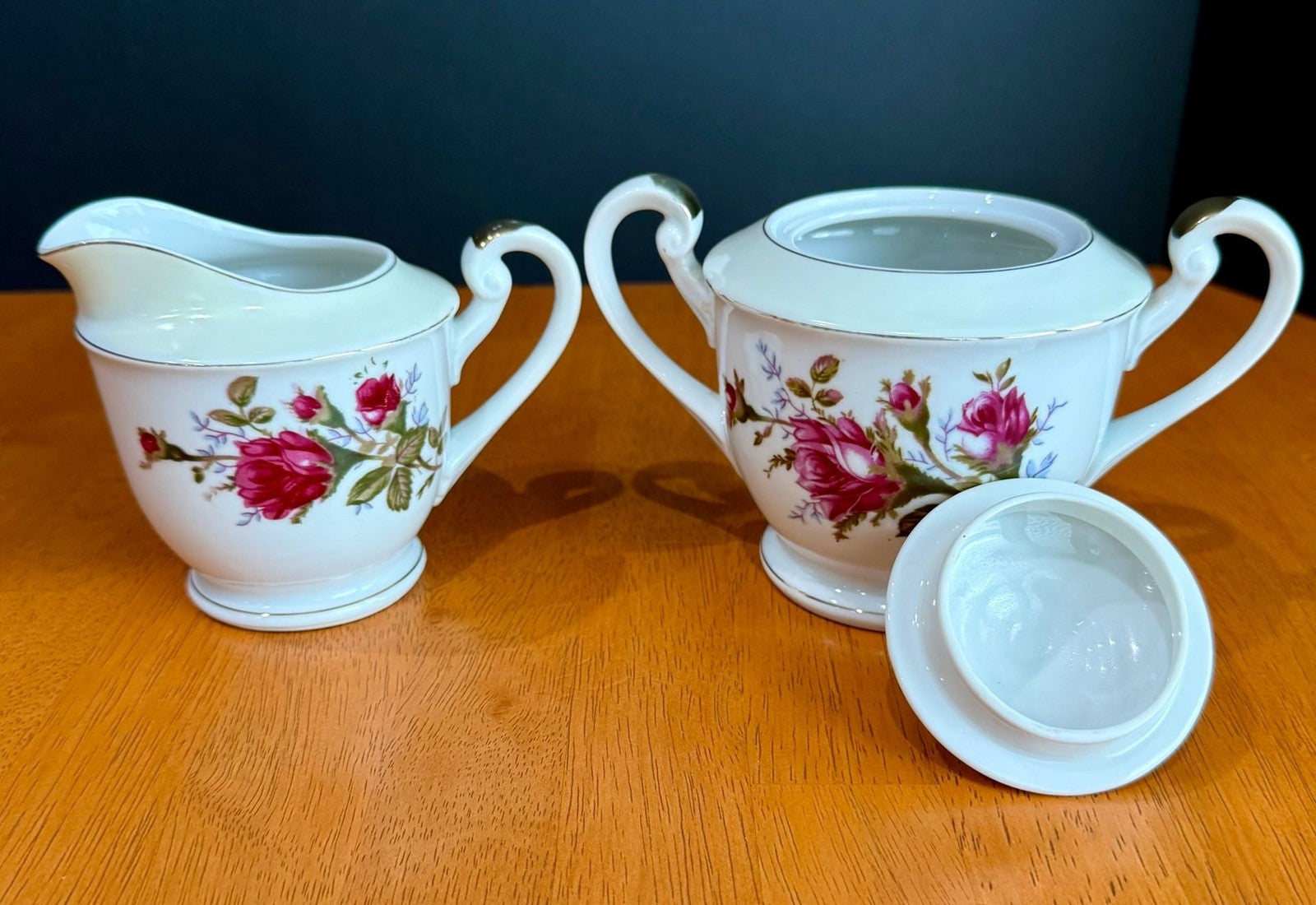 Vintage Fine China Made in Japan Moss Rose Creamer with Sugar Bowl & Lid Set