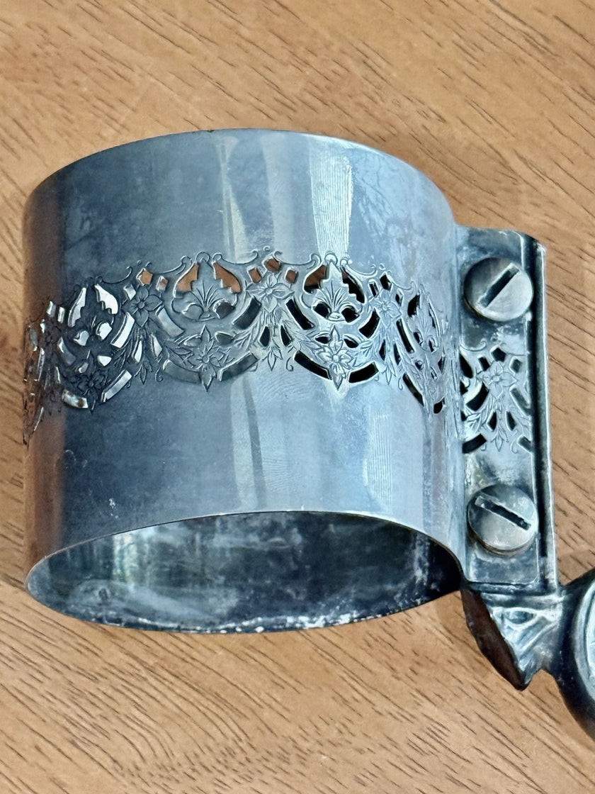 Vintage Silver Plated Filigree Glass Holder or Carafe Collar with Handle