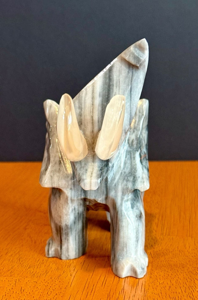 Vintage Hand-Carved Grey Marbled Onyx Elephant Figurine Good Luck Trunk Up