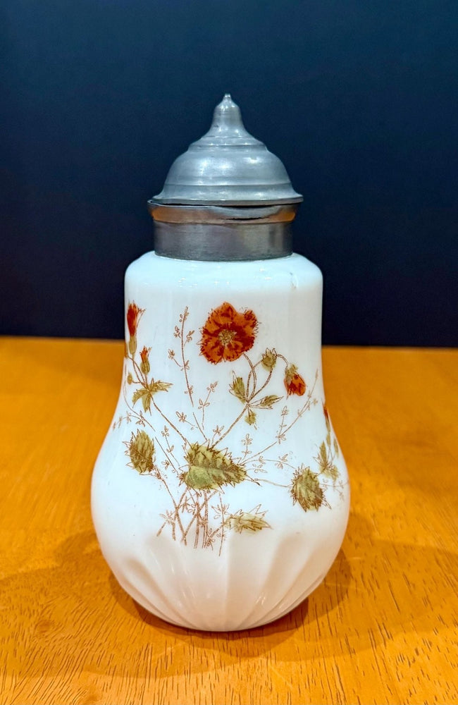 Vintage Milk Glass Floral Pattern Syrup Pitcher Hinged Metal Lid