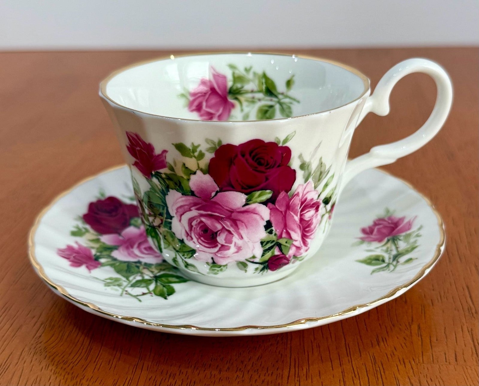 Vintage Argyle Bone China Teacup Saucer Pink and Red Rose Floral Pattern