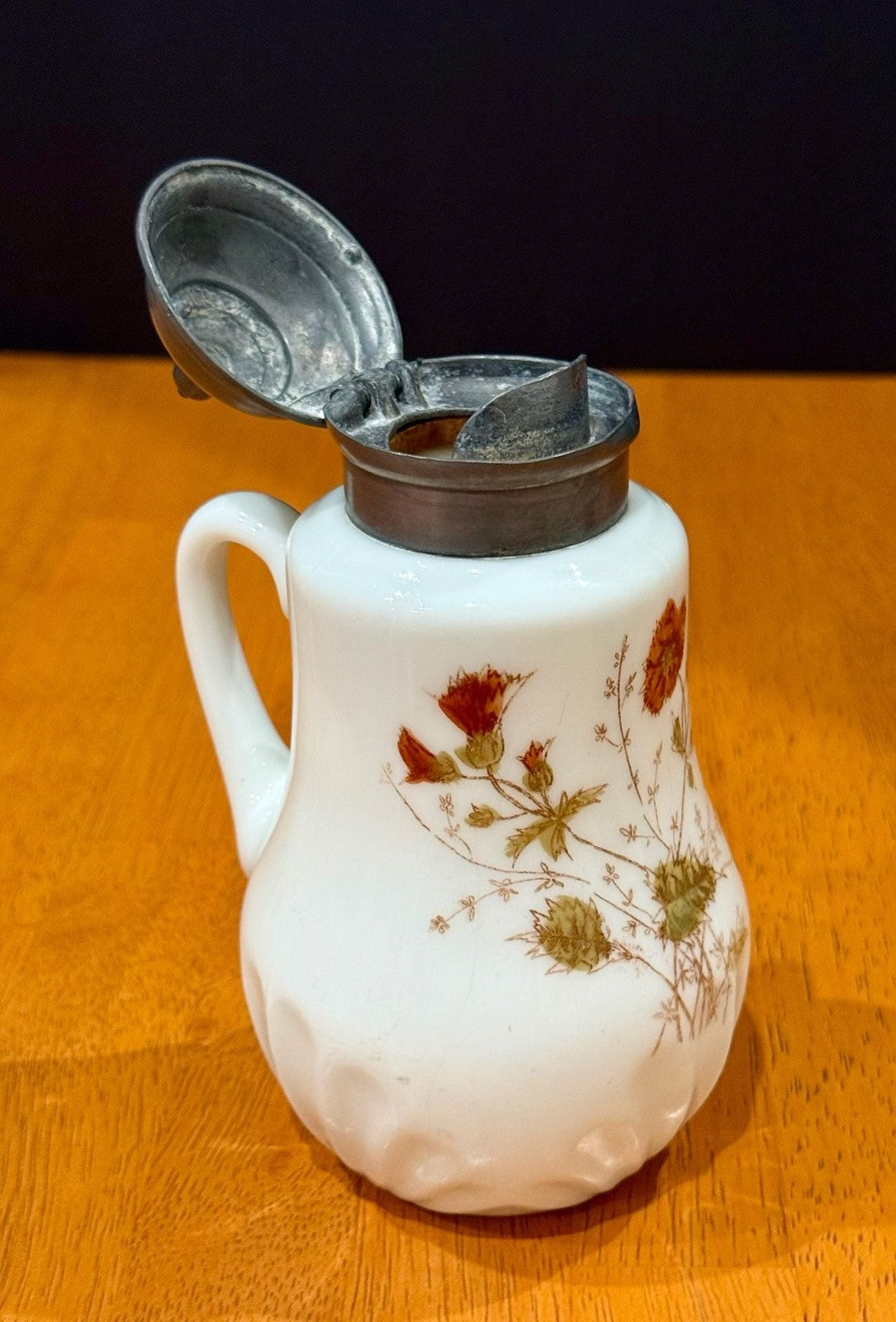 Vintage Milk Glass Floral Pattern Syrup Pitcher Hinged Metal Lid