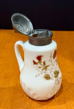 Vintage Milk Glass Floral Pattern Syrup Pitcher Hinged Metal Lid