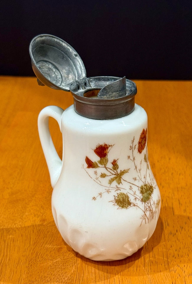 Vintage Milk Glass Floral Pattern Syrup Pitcher Hinged Metal Lid