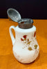 Vintage Milk Glass Floral Pattern Syrup Pitcher Hinged Metal Lid