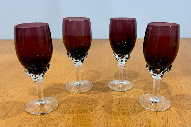 Set of 4 Vintage Mid-Century Amethyst Ruby Glass Liqueur Cordials Twisted Stems