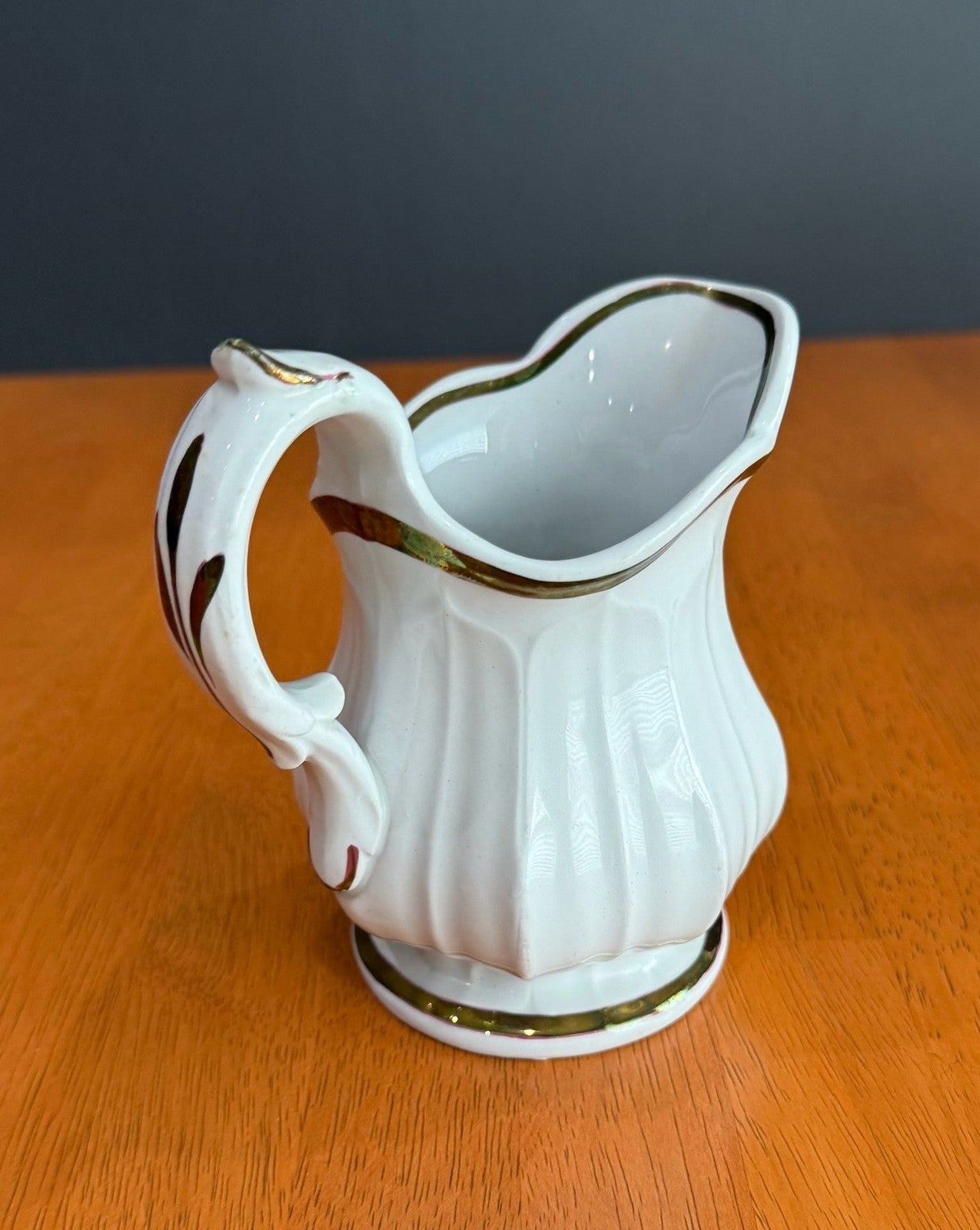 Vintage White Porcelain Creamer Pitcher Gold Gilt Trim Fluted Ribbed Design