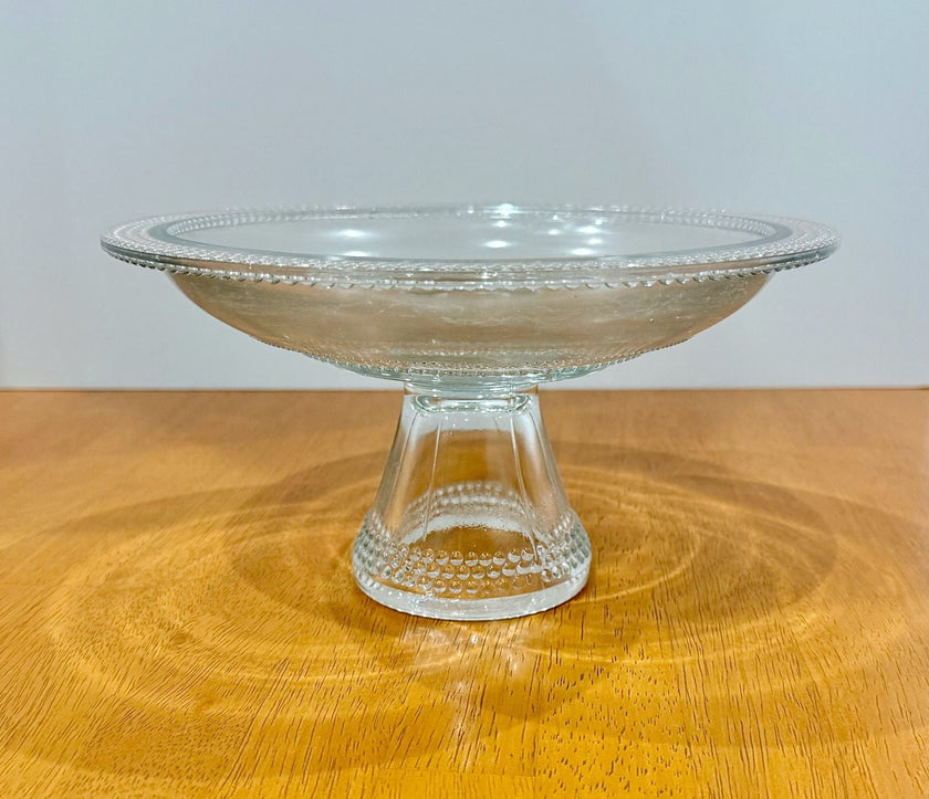 Vintage Clear Glass Pedestal Bowl Cake Stand with Beaded Hobnail Rim