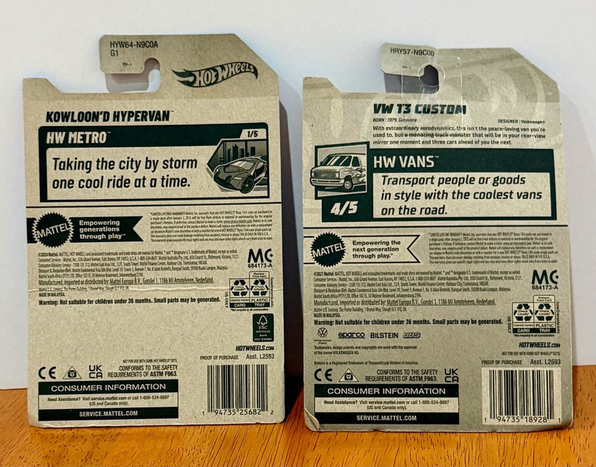 Set of 2 Hot Wheels Kowloon'd Hypervan HW Metro 6/250 and VW T3 Custom HW Vans
