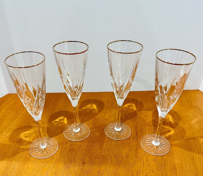 Vintage Cristal D'Arques-Durand Cassandra 4 Gold Trim Champagne Flutes