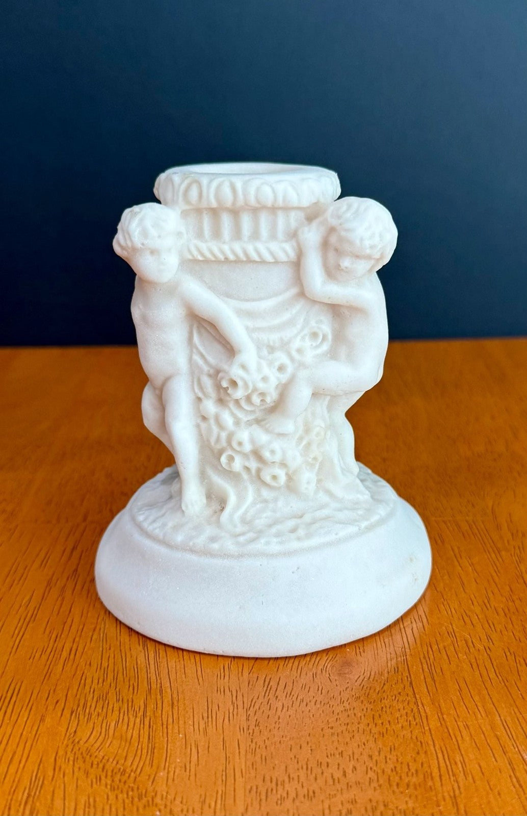 Antique 1900s Salt Dough Figural Cherub White Candlestick Holder