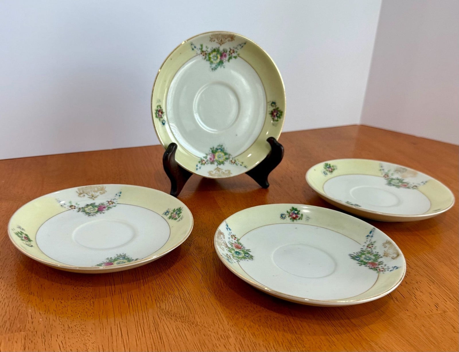 Set of 4 Vintage Hand Painted Floral Porcelain Saucers Made in Occupied Japan