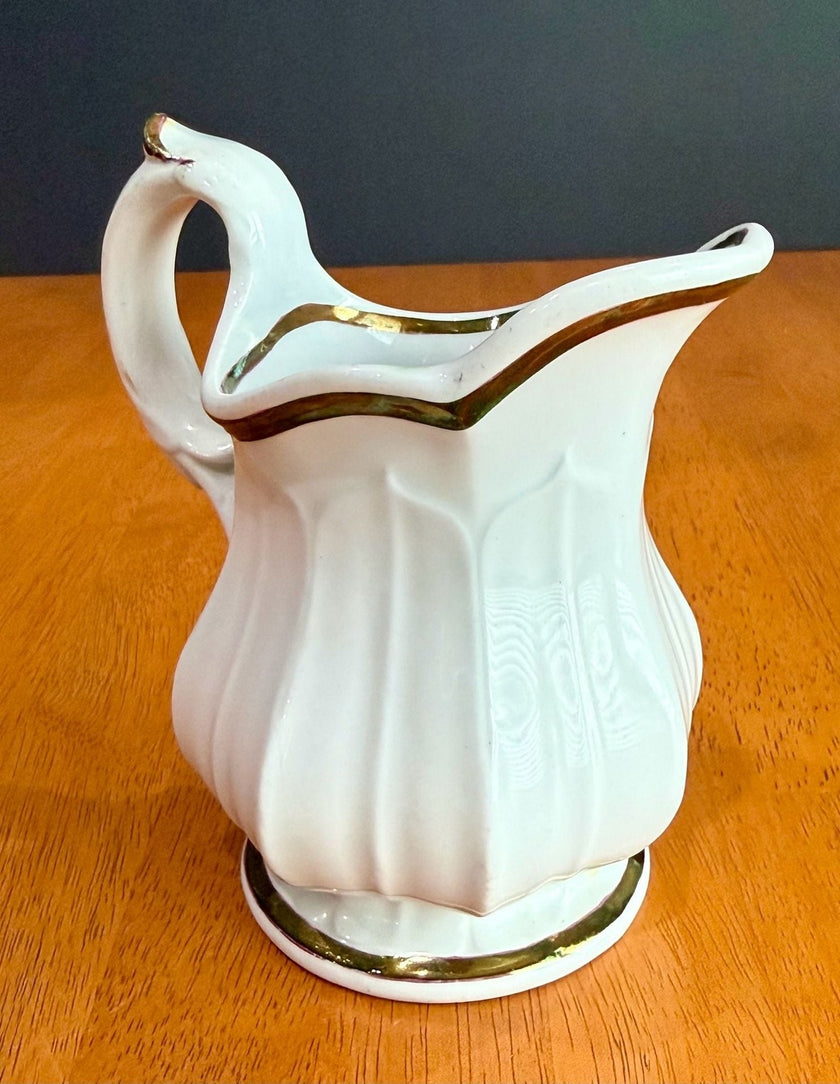 Vintage White Porcelain Creamer Pitcher Gold Gilt Trim Fluted Ribbed Design