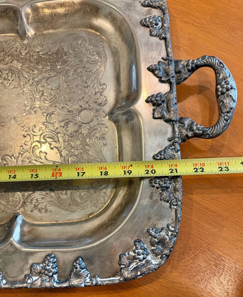 Large Vintage Silverplate Footed Serving Tray Grape & Leaf Border 24