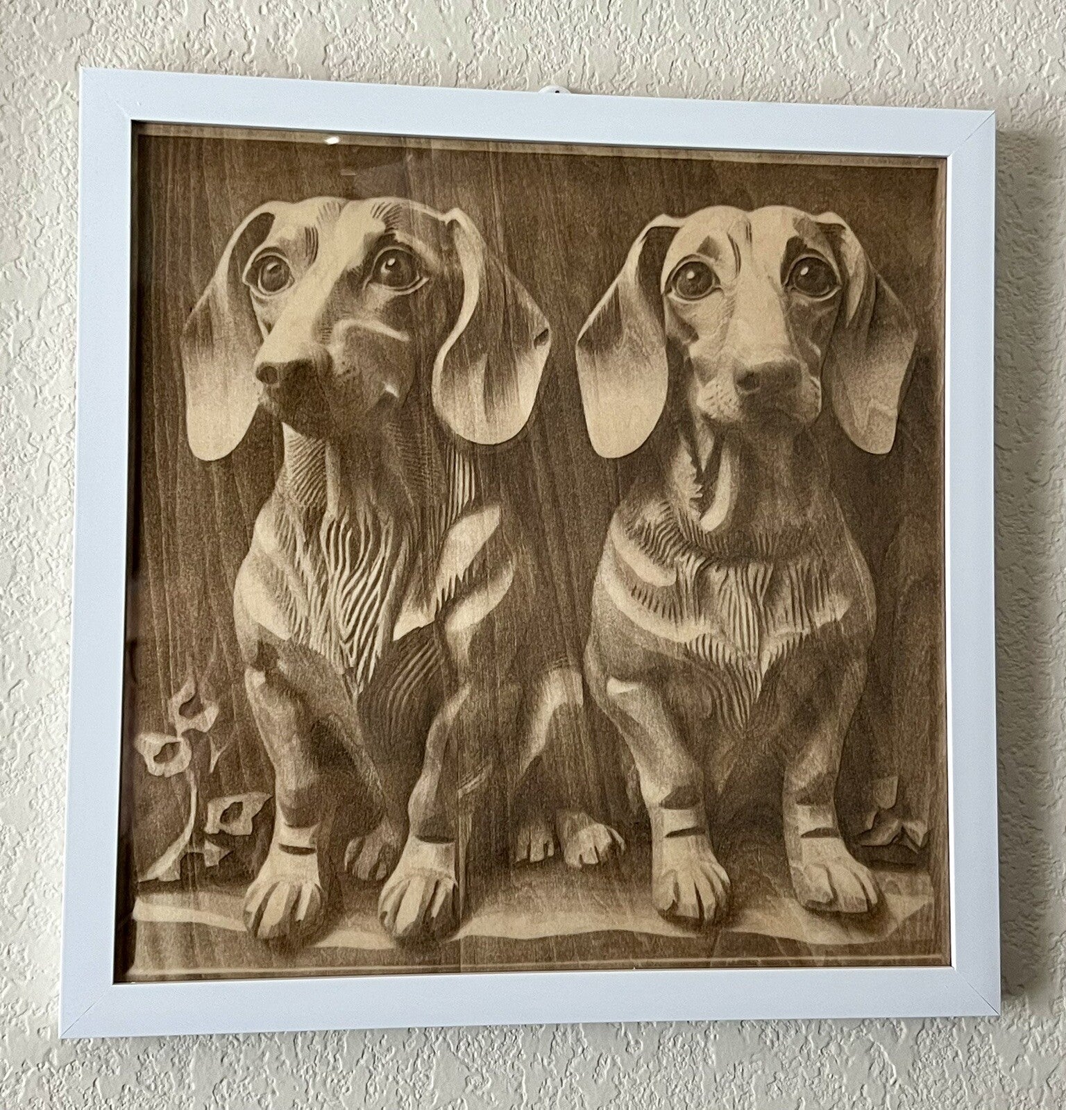 11  X 11 Engraved Art Panel Dachshund Brothers Framed Basswood Engraving