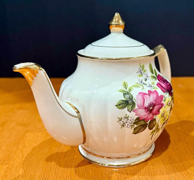 Vintage Sadler England Ivory Porcelain Teapot Floral Rose Motif Gold Trim
