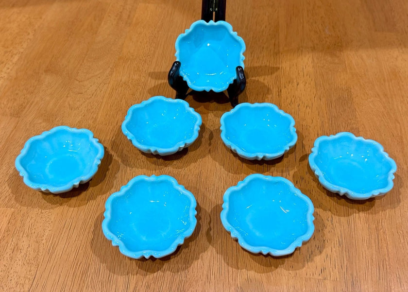 Set of 7 Vintage Turquoise Blue Glazed Ceramic Scalloped Salt Cellar Dip Bowls