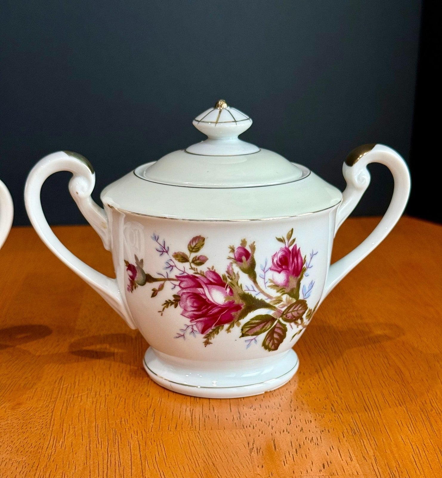 Vintage Fine China Made in Japan Moss Rose Creamer with Sugar Bowl & Lid Set