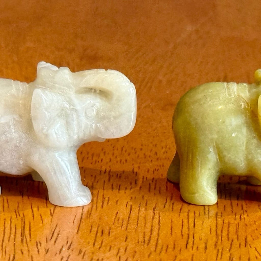 Set of 5 Vintage Hand Carved Gemstone and Quartz Elephant Figurines