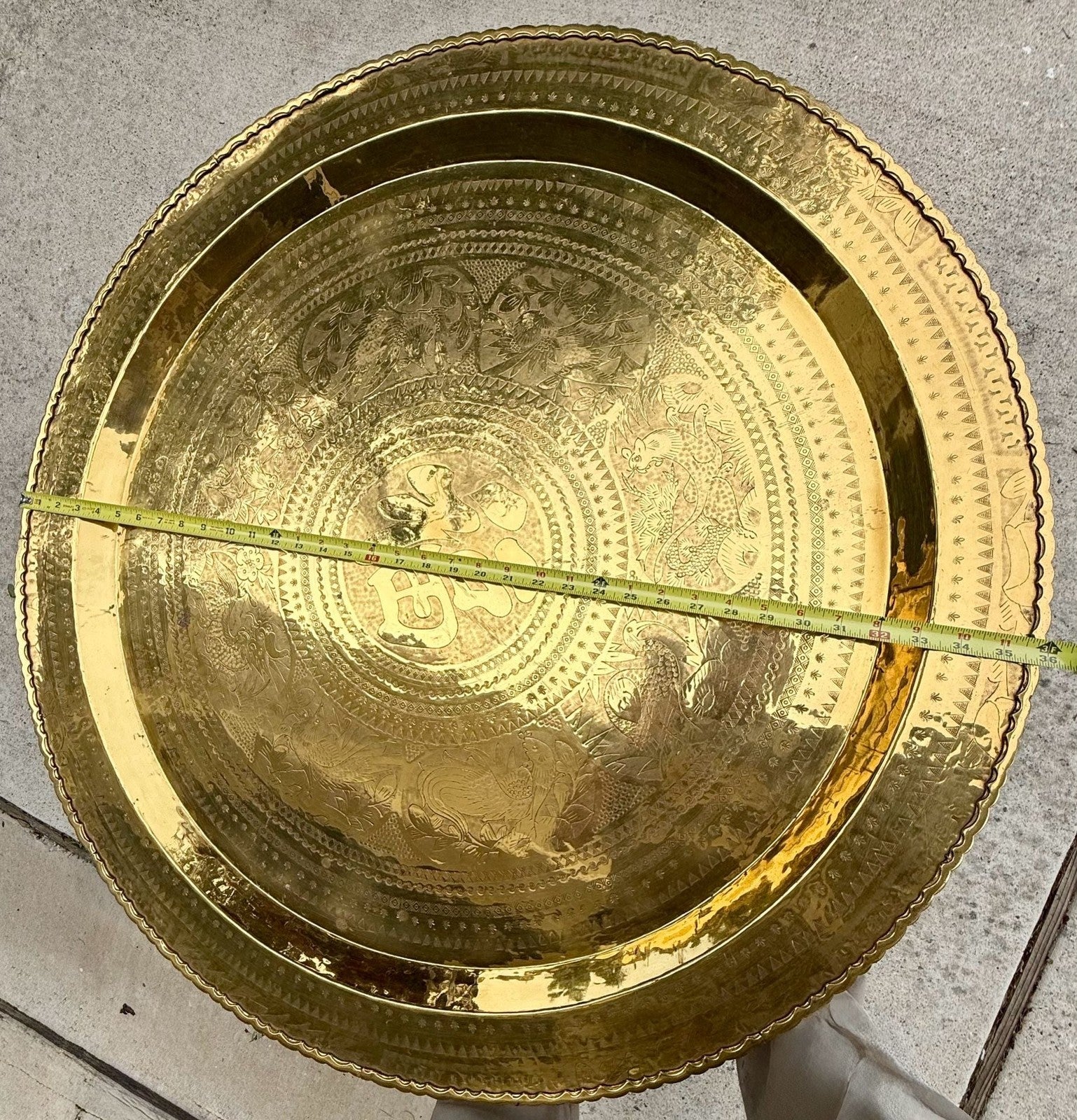 Vintage Mid-Century Brass Engraved Blessing Tray Table with Mahogany Folding Base